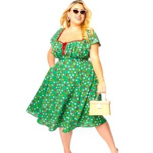 Unique Vintage Green & Multi Heart Print Swing Dress - M/6-8